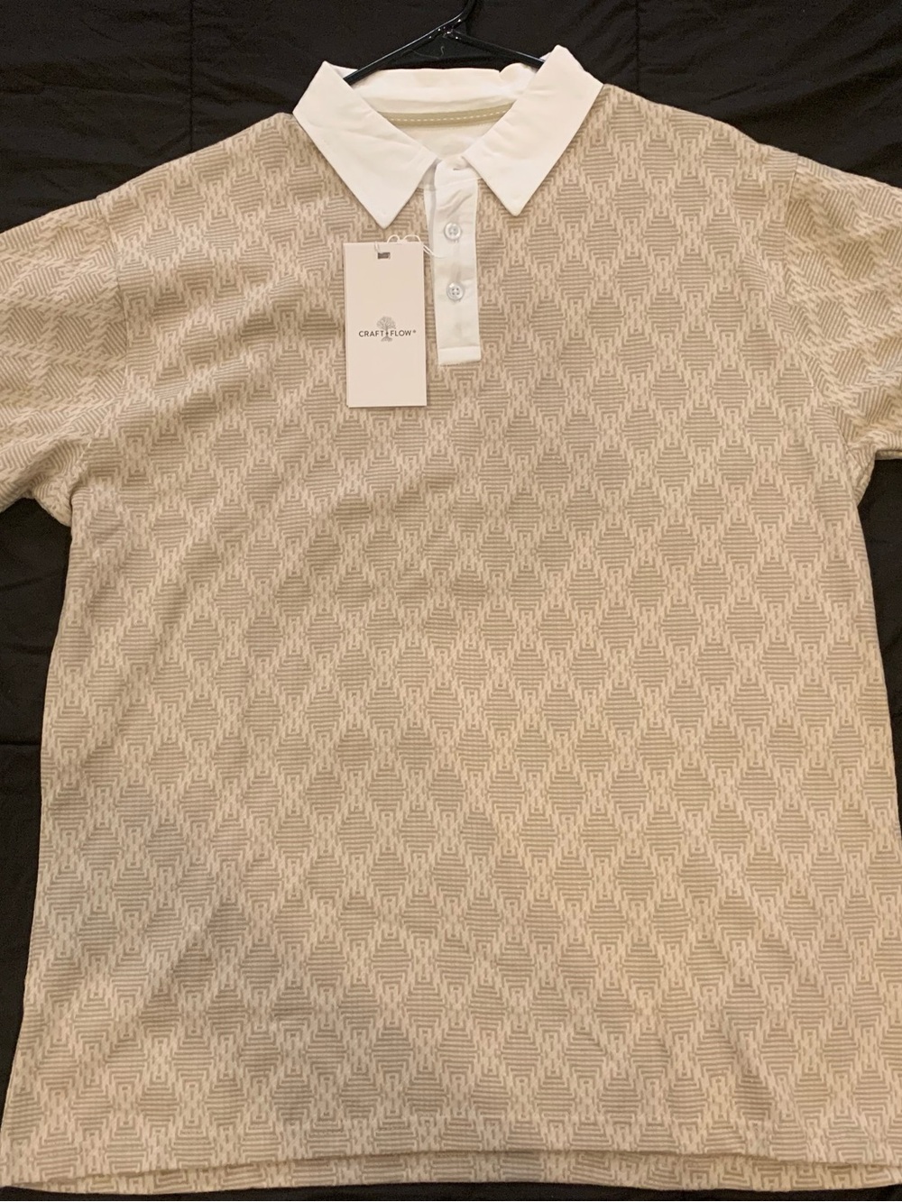 Men's Beige Geometric Button-Down Polo with White Collar